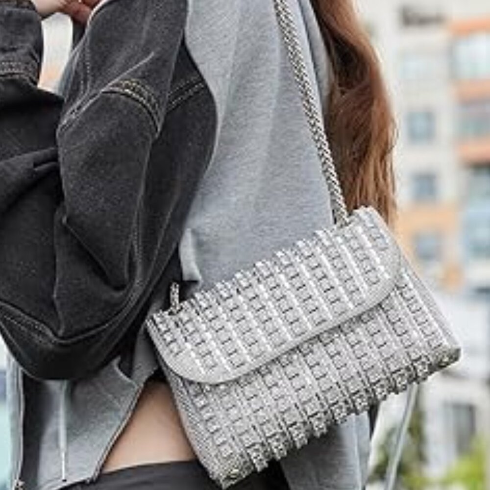 Neiman Marcus Rhinestone Round Block Silver Eveni… - image 1